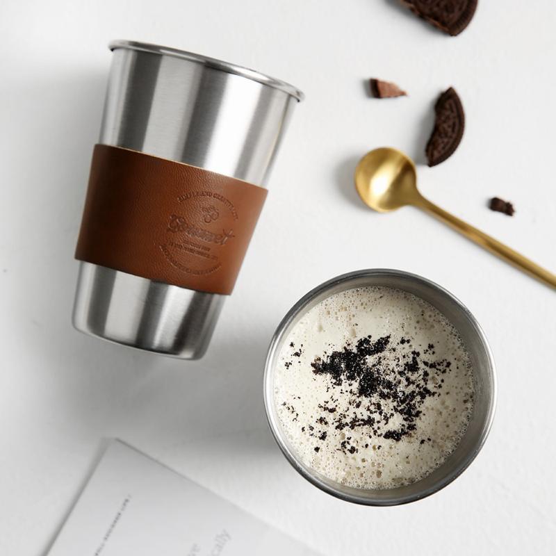 

ROKEN Stainless Steel Coffee Mugs with Straws and insulated leather 350ML Metal Drinking Mug Coffee Mug Grade Cups BPA Free1, Five