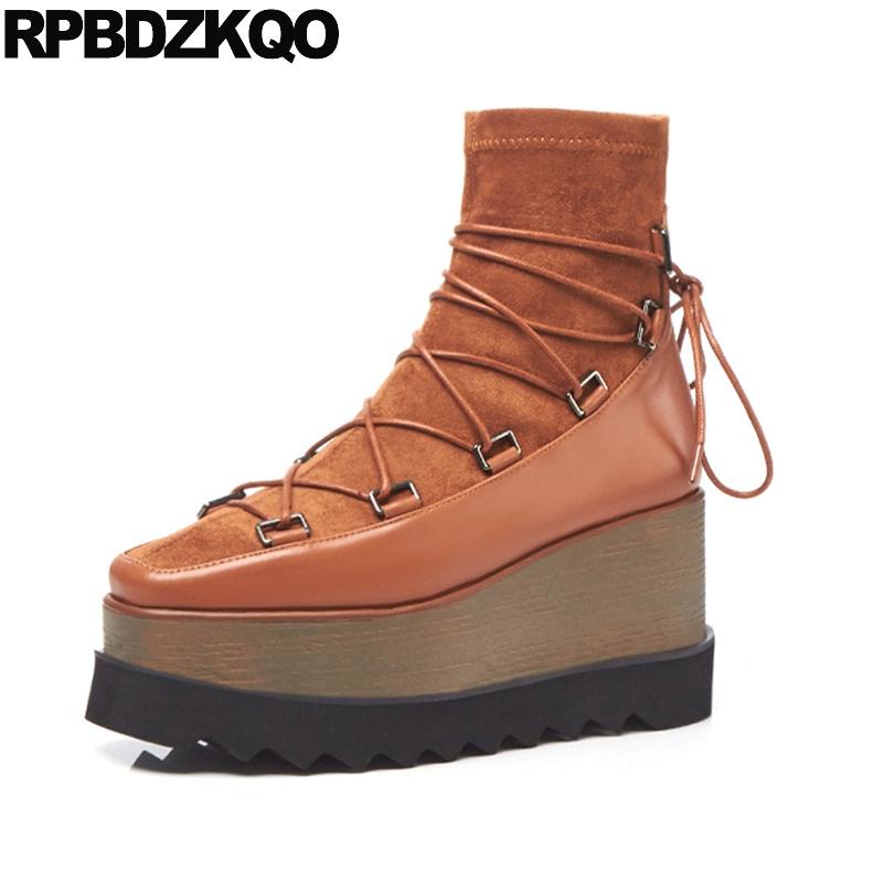 

Wedge Platform Fur Stretch Shoes Muffin Square Toe High Heel Ankle Flatform Brand Women Winter Boots Genuine Leather Lace Up, Black