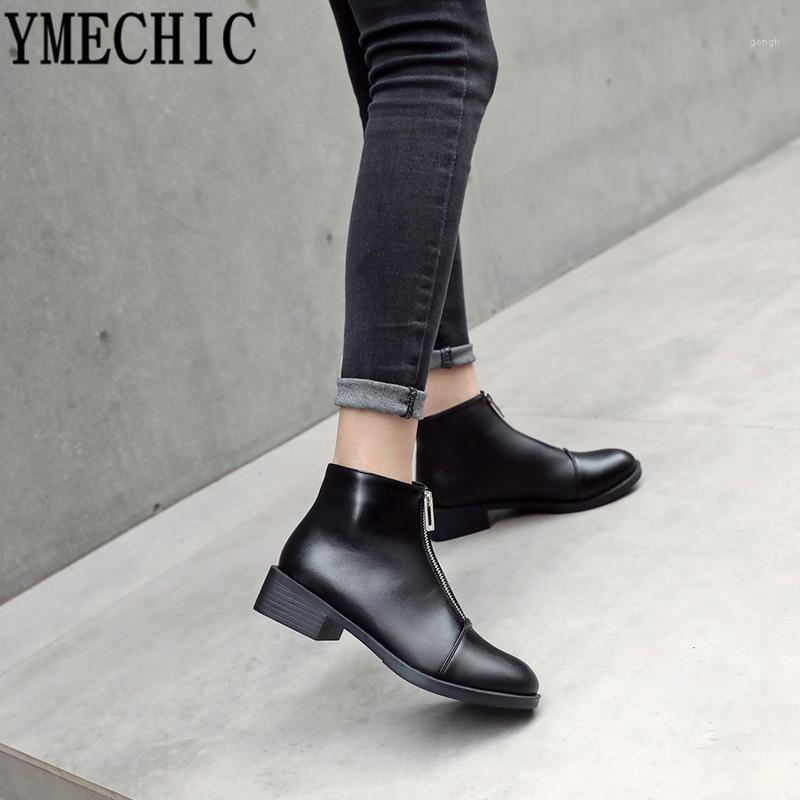 

YMECHIC Black Footwear Woman Gothic Block Heel Shoes Medium Heels Womens Boots Ankle Front Zipper Pu Leather Bootie Plus Size1