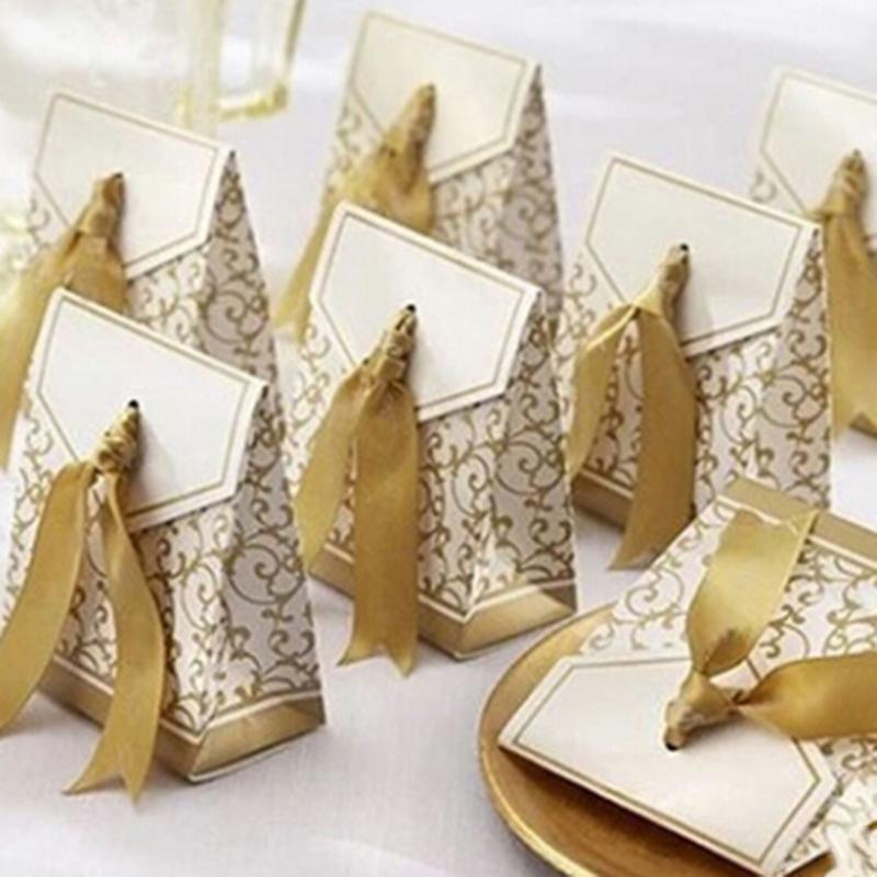 

10pcs/pack Creative Golden Silver Ribbon Wedding Favours Party Gift Candy Paper Box