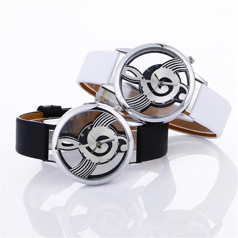 

Wristwatches Lady Womans Wrist Watches Simple Casual Engraving Hollow Stylish Musical Note Painted Leather Bracelet Watches1, Black
