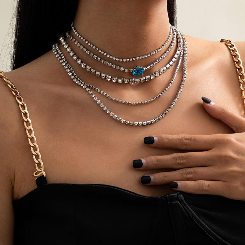 

Chokers Lacteo 5 Pcs/Set Luxury Silver Color Shiny Rhinestone Choker Necklace For Women 2021 Hip Hop Multilayer Metal Chain