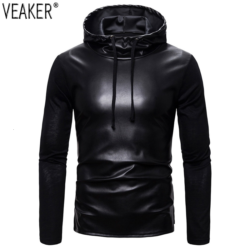 

2019 New Men's PU Hoodies Sweatshirts Male Slim Fit Faux Leather Hoodies Coat Black Tops Hooded Pullovers S-2XL