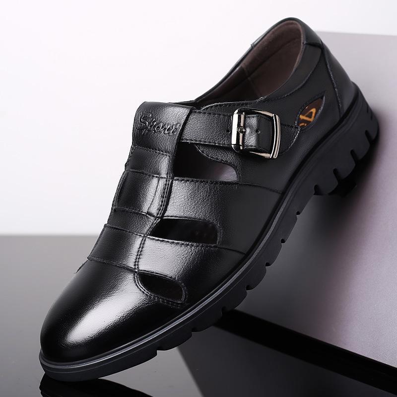 

summer mens slippers genuine leather sandals outdoor casual men leather sandals for Beach shoes hombre Hollow aerated shoes1, Black