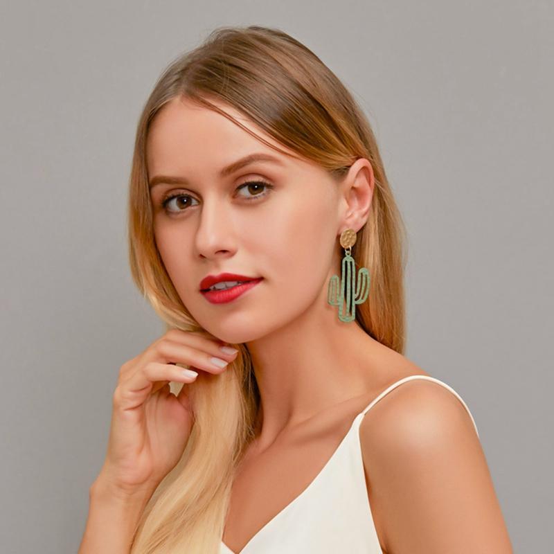 

Stud Drop Ear Earrings Charms Women Cactus Earring Ladies Wedding Hollow Flower Jewelry European Green Trendy
