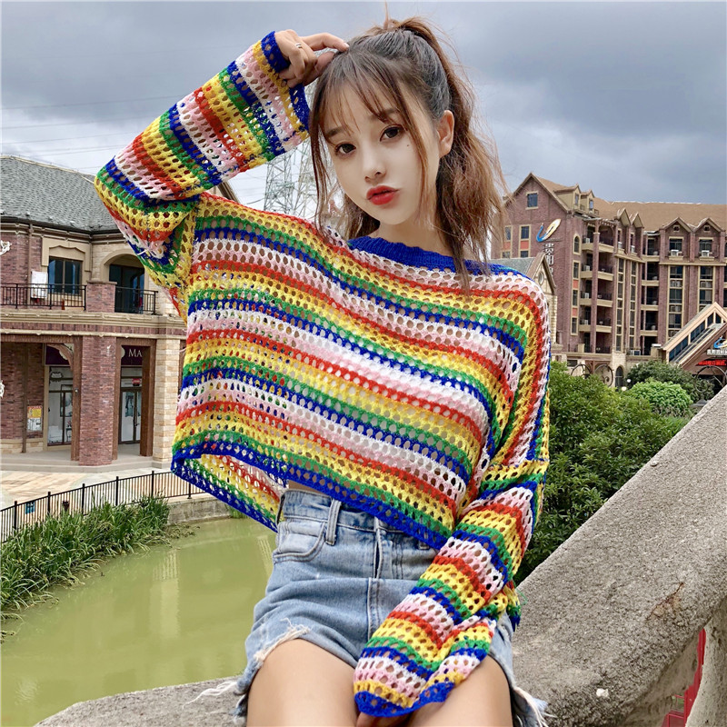 

2021 New Korean Sexy Hollow Out Multicolor Raiow Sweater Women Autumn Fall Harajuku Jumper Pull Femme Streetwear Pullover Crop Top Hp8d, Blue