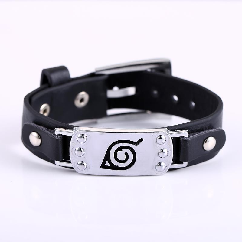 

Anime Naruto Bracelets Alloy Silver Punk Leather Bracelet Men Black Bangles for women Fashion jewelery bileklik pulsera hombre