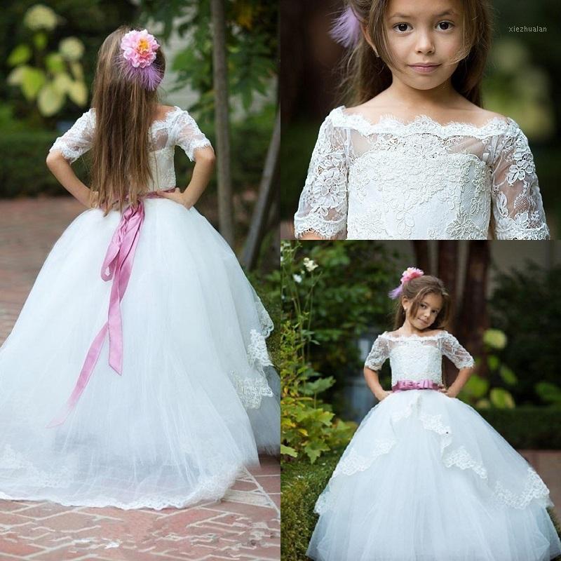 

Lace Applique Ball Gown Bateau White Flower Girls Dresses For Wedding With Sash Half Sleeves Lace Tulle Glitz Pageant Dresses1