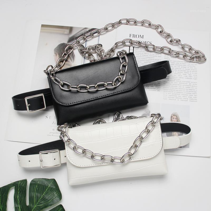 

2021 Waist Belt Bags Phone Pocket Flap White Black PU Leather Waist Pouch Handbag Ladies Fanny Pack Double Chains Messenger Bag1, Sky blue