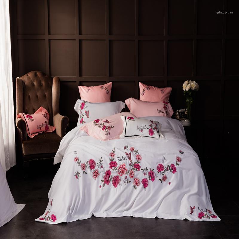 

Tencel cotton Bedlinen Peony flower embroidery Bedding sets queen king size Duvet cover pillowcase Flat Bedsheet1