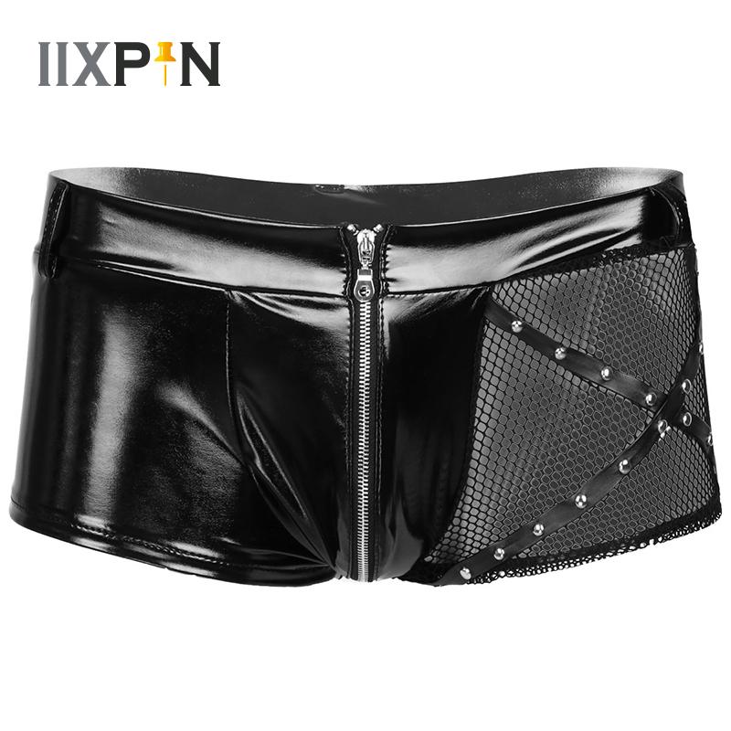 

Mens Sexy Underwear Boxer Shorts Wet Look Patent Leather Shorts Left Fishnet Panels Zipper Boxers Men Underpants Male Boxershort, Black