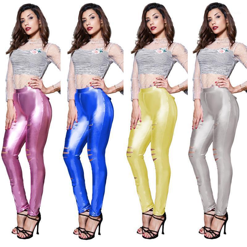 

JIGERJOGER 2020 Shiny PU Faux leather Metallic hollow leggings sexy nightclub Dance girls pants skinny tight jeggings legging1, Blue