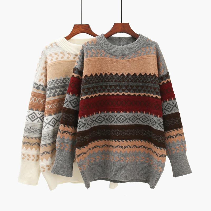 

Pullovers Women Soft Autumn O-Neck Sweaters Argyle Tops Womens Pullover Sweet Student Striped Harajuku Knitted Loose Outwear, Black