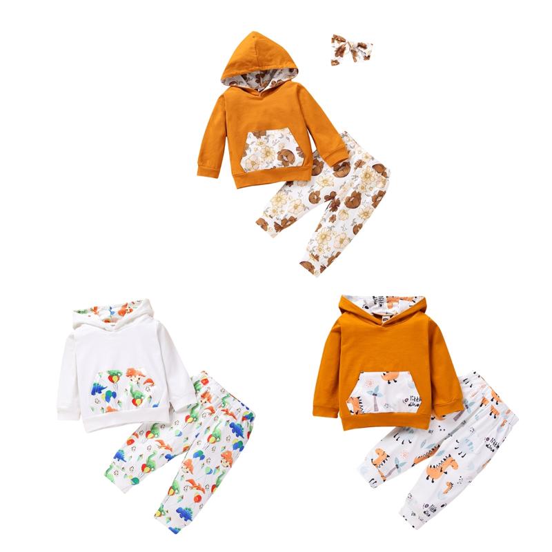 

Infant Baby Girl Boy Long sleeve Trousers Suit Fashion Stitching Hooded T-shirt Cartoon Print Long Pants Spring Autumn Clothing