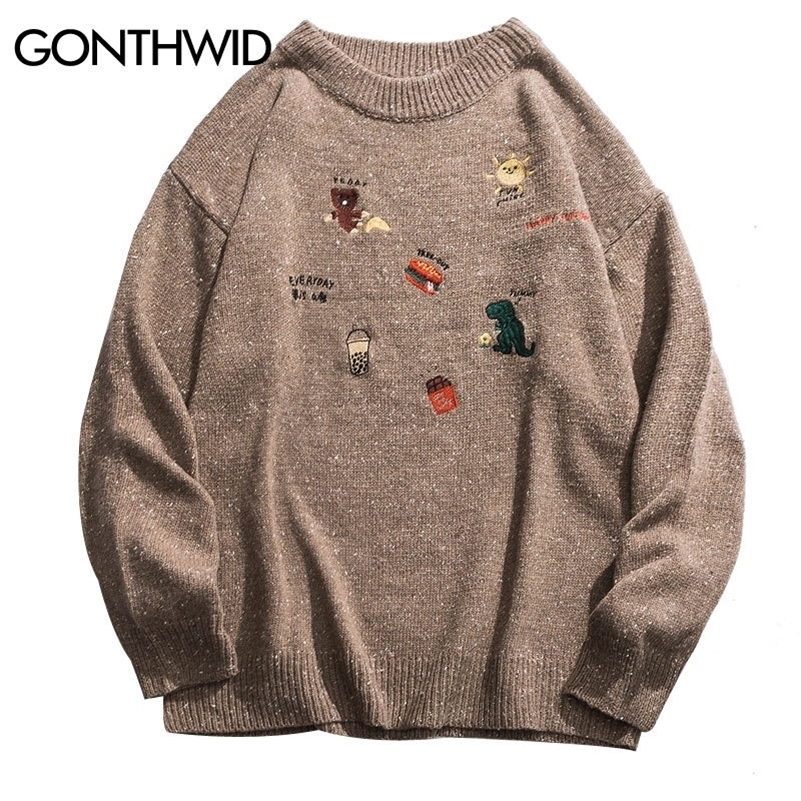 

GONTHWID Embroidery Dinosaur Hamburger Bear Pullover Knitted Sweaters Harajuku Casual Knitwear Jumper Tops Hip Hop Streetwear 201116, Gray khaki