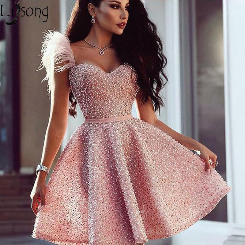 

A-Line Sweetheart Pink Beaded Short Prom Dresses with Feathers Fashion Women Cocktail Dress 2020 Birthday Formal Party Gowns1, Black