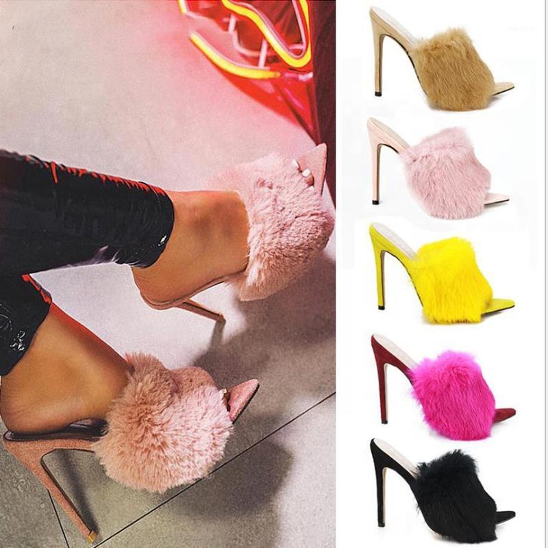 

Summer Home Women Fur Slippers Thin High HeelS Sandals Shoes Open Peep Toe Women's Pumps Shoes1, Yellow