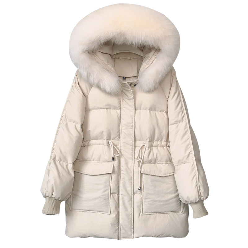 

2021 New Great Real Fur Collar Winter with Thick Hood Wam Female Parkas White Loose Down Jacket FE84, Pink