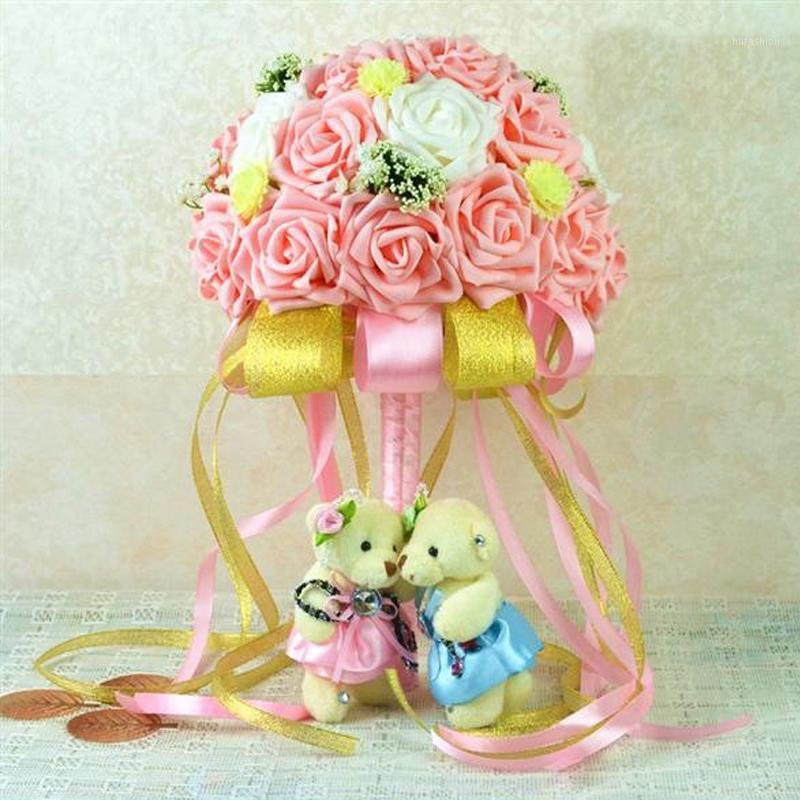 

100% New Handmade Mixed Color PE Rose Artificial Flowers Bridal Bouquets Hand Holding Flower Wedding Bouquet Decorative1, Pink