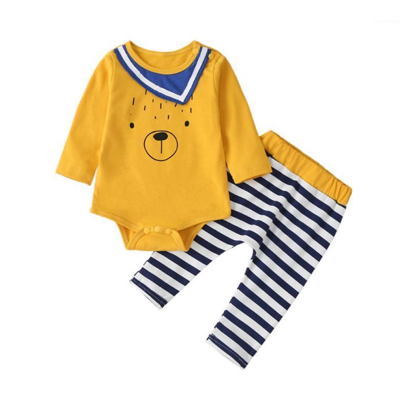 

KANCOOLD baby boy long-sleeved cartoon bear print sailor striped collar bag fart + striped elastic color matching trousers suit1, Yellow