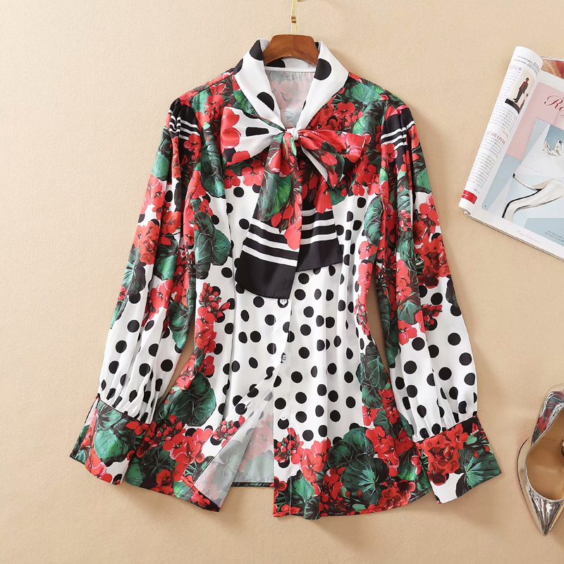

2021 New Spring Style Boho Retro Printing Arc Flower Bows Breasted Long Sleeve Women's Top Quality Fashion Shirt 241a, Multiple