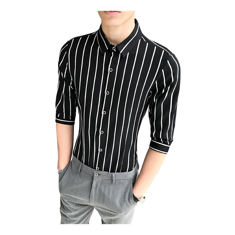 

Summer Men's Dress Shirt Slim Fit Men's Casual Striped Shirt 3/4 Sleeve Formal Dress Shirts Men Male Clothing Camisa Plus XXXXXL, White striped shirts