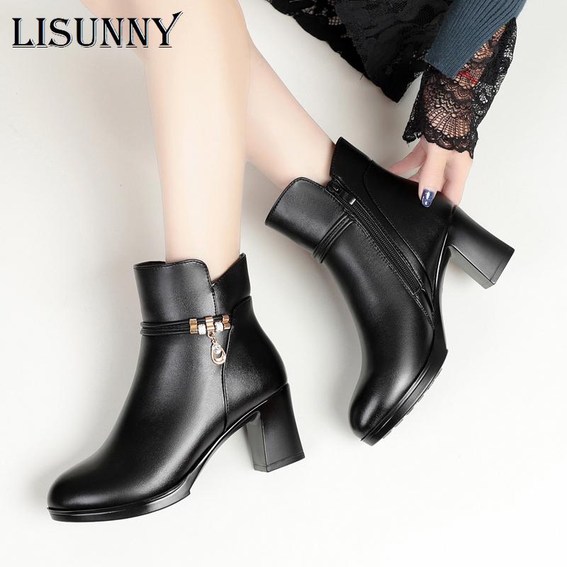 

LISUNNY Women Winter Shoes 2020 New Fashion High heels Women Leather Boots Large Size Natural Wool Warm Ladies Short Boots, Black