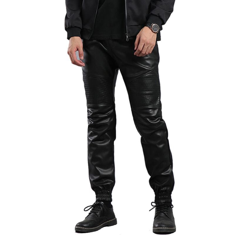 

TSINGYI Black Faux Leather Pants Men Joggers Elastic Waist Zipper Pockets Streetwear Slim Casual Superior Quality Men Clothing, Thread