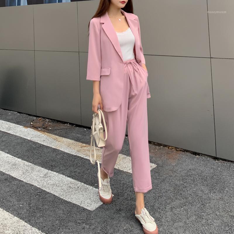 

Summer Women 2 Pieces Set Casual Single Button Blazer Jacket & Elastic Waist Pant Female Blazer Pant Suit 2020 outfits1, Pink
