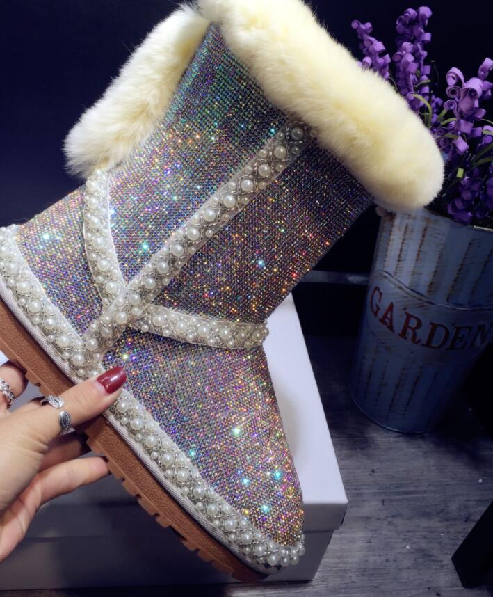 

2020 New Sheep's Winter Skin a Woman's Snow Crystal Full Diamond Strass Deep Deep, Flat, Warm Boots Z3o0, Beige
