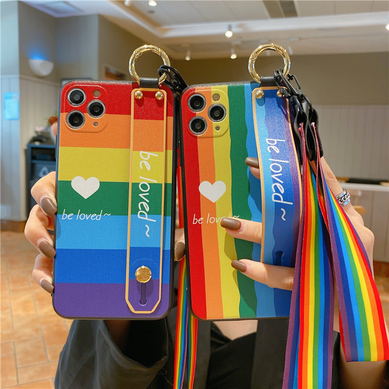 

New Rainbow Stripes Suitable for IPhone12ProMax Mobile Phone Case Iphone 11 Sets of Wrist Strap Lanyard 7/8plus Anti-fall X Case