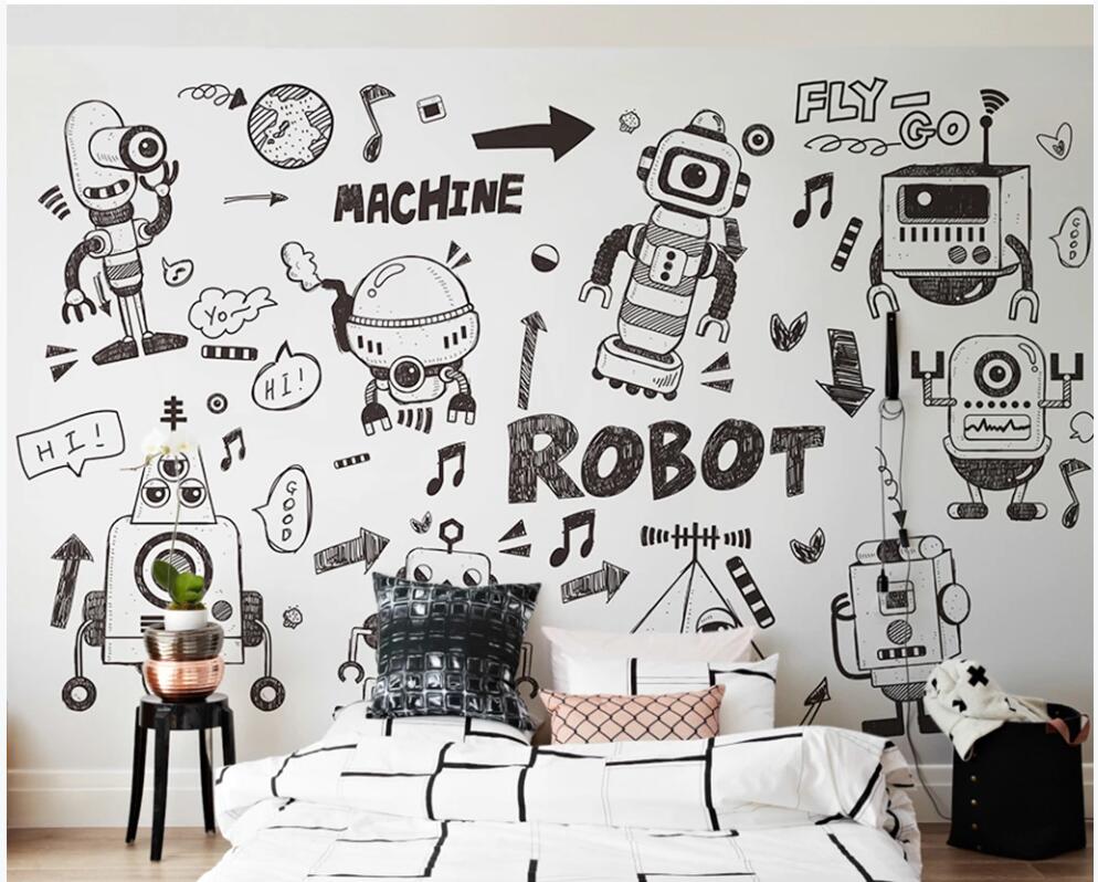 

custom photo mural on the wall 3d wallpaper Hand drawn doodle robot living room home decor 3d wall murals wallpaper for walls 3 d, Non-woven