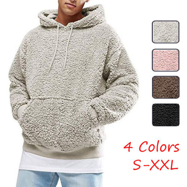 

Mens Hoodie Sherpa Fleece Sweatshirts Fuzzy Long Sleeve Fall Outwear Winter Hooded with Kangaroo Pockets kg-23, Beige
