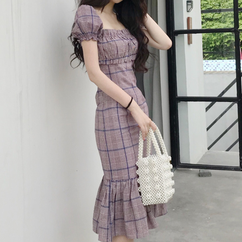 

2021 New Fishtail Female Will See Feminine Puff Thin Chess Dressed Purple Party Dress ZZPB