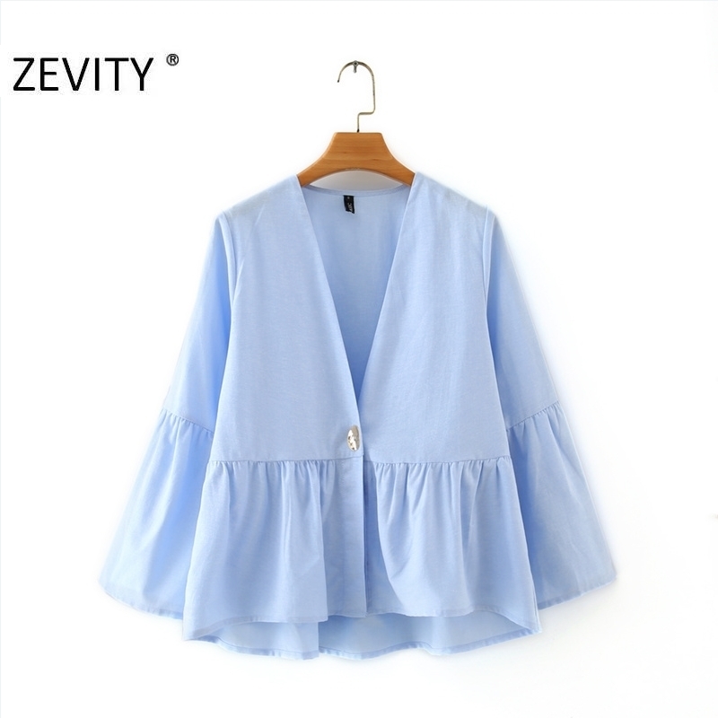 Zevity New women elegant v neck solid color pleats casual smock blouse office lady flare sleeve ruffles shirt blusas tops LS7143 201201