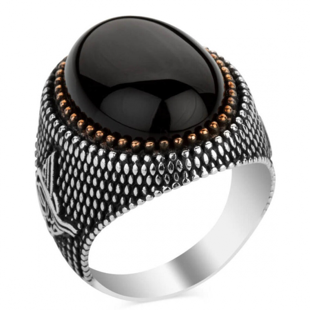 

Handmade Turkish Jewelry Vintage Obsidian Rings For Men Women Ancient Silver Color Black Zircon Gold Color Beads Muslim Jewelry