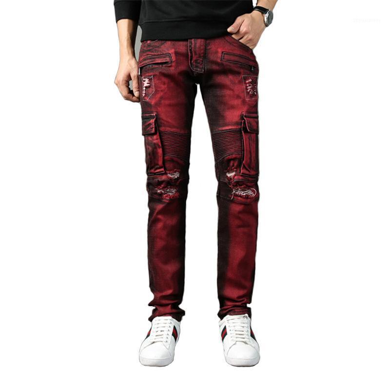 

Men Fashion Ripped Jeans Pants Slim Biker Elastic Denim Trousers For Male Washed Size 28-42 Men's, Red