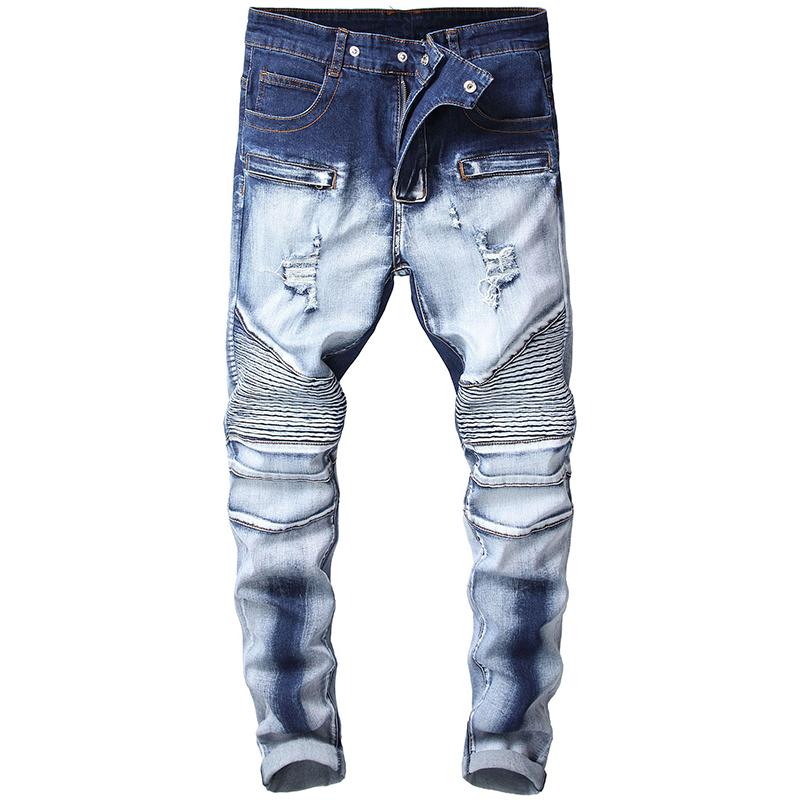 

Men jeans zipper ruined old fashion long season denim jeans straight slim pleated motorcycle ruined pants large size, Dark blue
