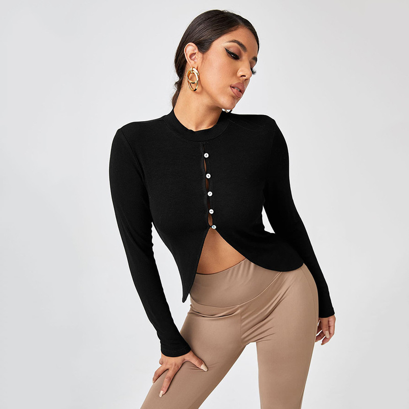 

Womens European and Hollow Button Round Neck T-shirt, White