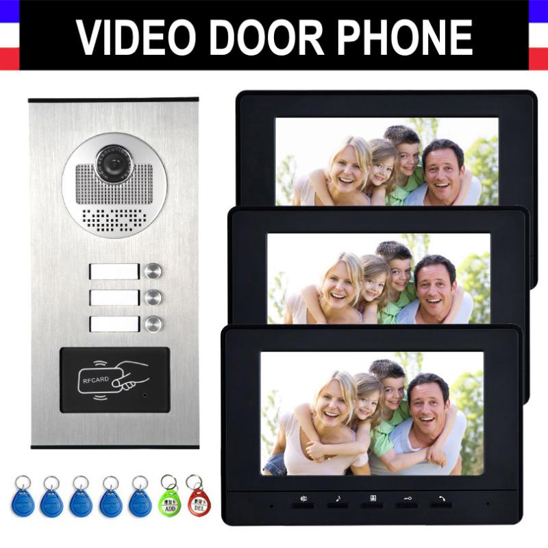 

2/3/4 Units Apartment Intercom System Video Intercom Video Door Phone Kit HD Camera 7" Monitor with RFID keyfobs for 3 Household