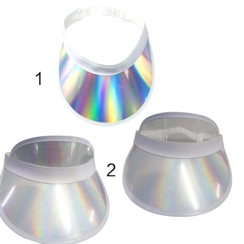 

Summer Metallic Hologram Colored Plastic Wide Curved Brim Sun Visor Hat Elastic Strap Back Hip Hop Empty Top Sunshade Peaked Cap