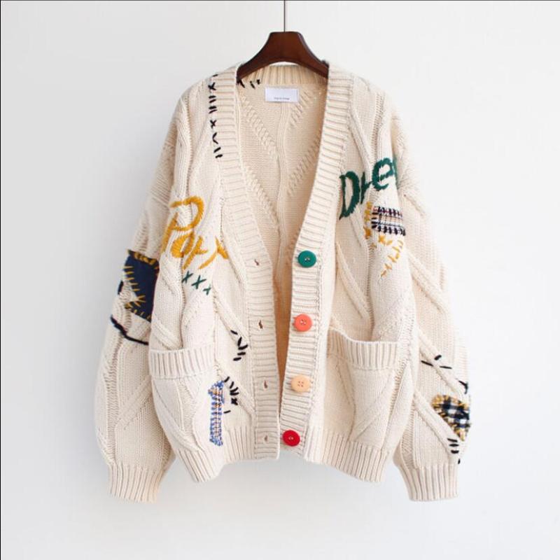 

2021 Autumn Winter Women Cardigan Warm Knitted Sweater Jacket Pocket Embroidery Fashion Knit Cardigans Coat Lady Loose Sweaters, Pink