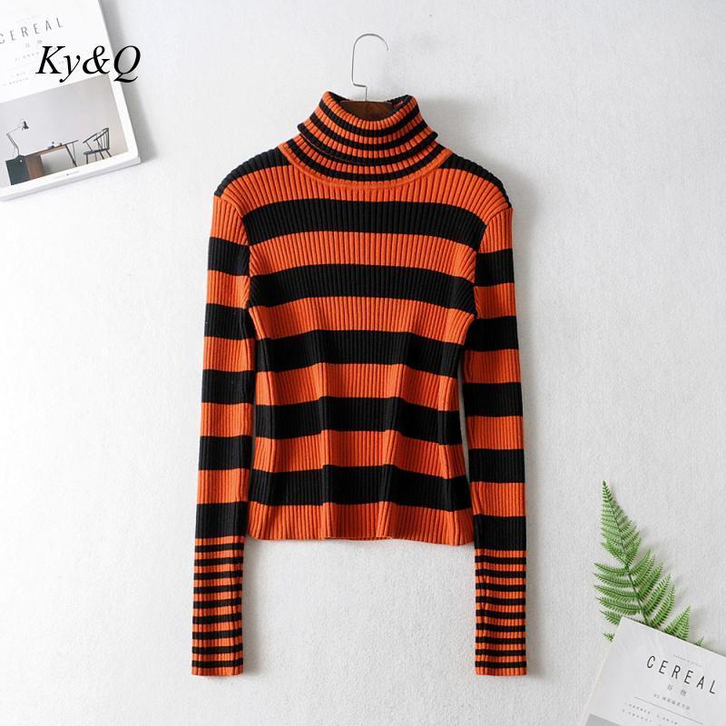 

Vintage Women Fashion Chic Design Red Striped Turtleneck Sweater Women Knit Sweater 2020 New Brand Design Pullover Clothes, As pic