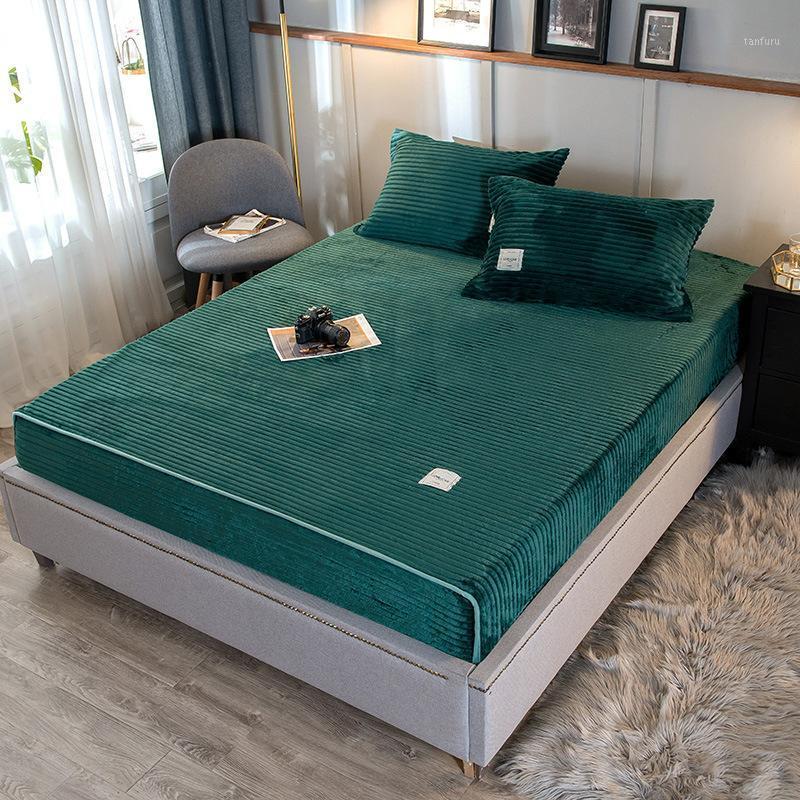 

Magic Fleece Fitted Sheet Set Solid Stripe Flannel Elastic Fit +2pillowcase Warm Mattress Sheet Set Bed Linen Winter Plush Cover1, Bright yellow