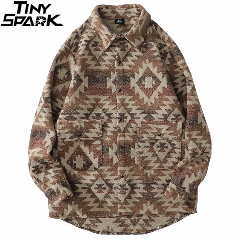 

Hip Hop Men Streetwear Harajuku Shirt Vintage Retro Geometric Print Flannel Shirt Cotton Fleece Long Sleeve Casual Thick, A723012 khaki