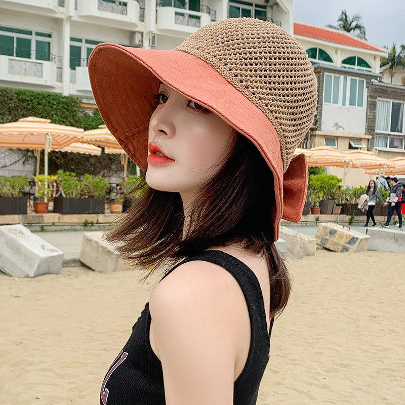 

2020 New Trend Fashion Summer Sun Breathable Air Hats Women Beach Cap Bow Knot Outdoor UV proof Hollow out Foldable Wide Brim, Black