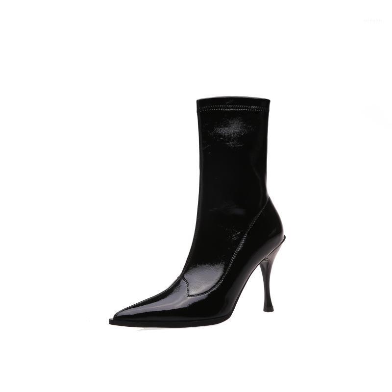 

MKKHOU Fashion Short Boot Woman 2020 new Winter patent leather pointed stiletto with 10 cm high heel elastic boot woman1, Black