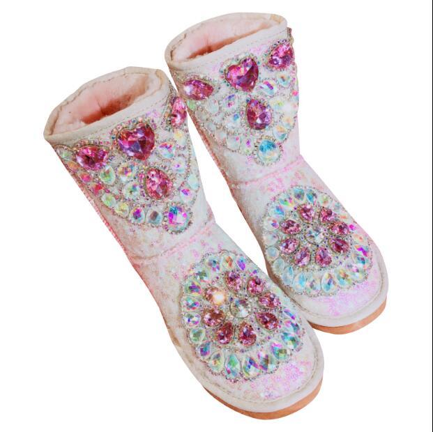 

2020 Sweet Hand-studded Sequins Crystal Tube Peach Girl Heart Flat Snow Boots 5si6, White
