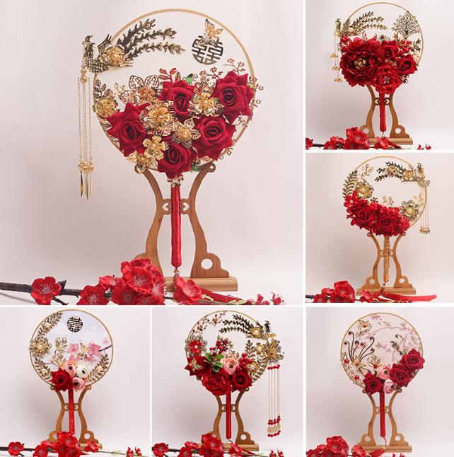 

3D Artificial Flowers Double-Sided Decorative Fans Chinese Style Round Hand Fan Wedding Costume Photography Accessories LF821