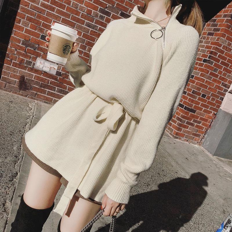 

2021 New Women' Knitted Shirt Medium-length Solid Pullover Mock Neck Zip-up Knitting Lanes Lady Tops of the Office Winter Clothes MGSQ, Khaki.